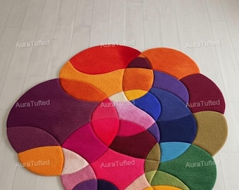 Alfombra abstracta colorida tejida a mano, alfombra geométrica moderna, alfombra de lana de forma irregular, alfombra artística llamativa, decoración para sala de estar