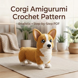 Op de afbeelding: Een gehaakte corgi-hond in wit- en bruintinten. De hond heeft grote, rechtopstaande oren, een witte streep op zijn gezicht en een kleine staart. De tekst "Corgi Amigurumi Crochet Pattern" staat boven de hond.