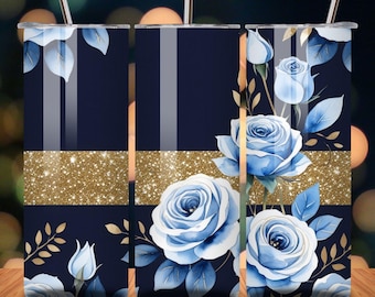 Navy Gold Glitter Blue Rose 20oz Tumbler Wrap PNG | Elegant Watercolor Floral Sublimation Design Digital Instant Download