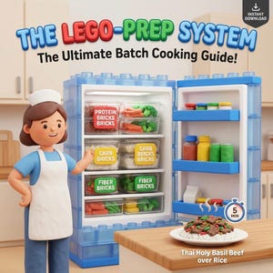 Könnte beinhalten: Eine Illustration eines blauen Kühlschranks im Lego-Stil mit der Aufschrift "THE LEGO-PREP SYSTEM" und "The Ultimate Batch Cooking Guide!". Darin befinden sich beschriftete Lebensmittelbehälter. Auf einer Holzoberfläche steht ein Teller mit Thai Holy Basil Beef über Reis.