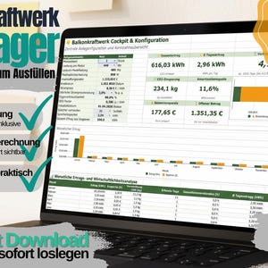Può includere: Uno schermo di computer portatile che mostra il modello Excel Balkonkraftwerk Manager, con tabelle di dati sulla produzione di energia, risparmi finanziari e riduzione di CO2. L'interfaccia include grafici, impostazioni di configurazione e note di compatibilità per Excel, Google Sheets e LibreOffice Calc.