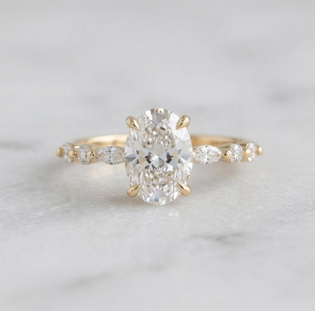 Vintage Oval Moissanite Engagement Ring, 14K Solid Gold Multi-stone ...