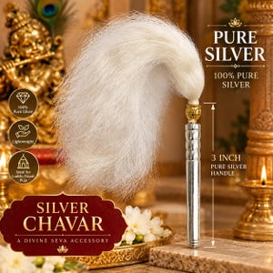 Könnte beinhalten: Ein weißer Chavar mit einem silberfarbenen Metallgriff und einem goldenen Zierkragen. Der Griff ist mit einer Länge von 3 Zoll angegeben. Der Text auf dem Bild enthält PURE SILVER, 100% PURE SILVER, 3 INCH PURE SILVER HANDLE und SILVER CHAVAR.