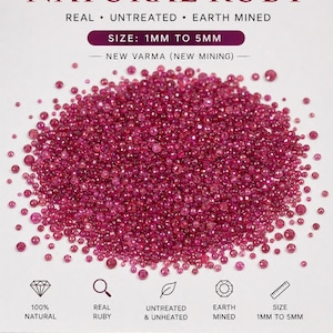 May include: A pile of natural ruby gemstones, real, untreated, and earth-mined, with a size range of 1mm to 5mm. The image includes text that reads "NATURAL RUBY" and "SIZE: 1MM TO 5MM".