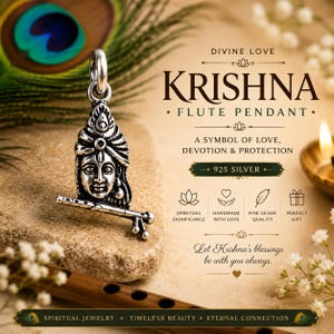 Op de afbeelding: Een zilveren Krishna fluit hanger met ingewikkelde details, rustend op een stenen oppervlak. De hanger heeft een gedetailleerd gezicht en fluit, met de tekst "KRISHNA FLUTE PENDANT". De afbeelding bevat de tekst "925 SILVER".