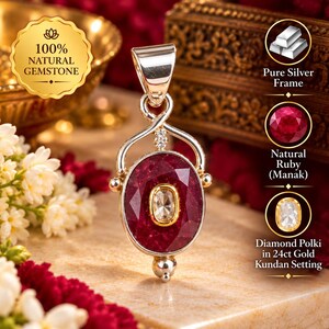 May include: A silver pendant featuring a large oval faceted natural ruby with a central oval diamond polki stone in a 24ct gold kundan setting. The pendant includes text stating 100% Natural Gemstone, Pure Silver Frame, Natural Ruby, and Diamond Polki.