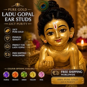 Op de afbeelding: Een set van 22kt puur gouden Ladu Gopal oorknopjes met een centrale edelsteen. De afbeelding bevat tekst waaronder PURE GOLD, LADU GOPAL EAR STUDS, 22CT PURITY en kleuropties: paarse, oranje, groene, gele en roze edelstenen.
