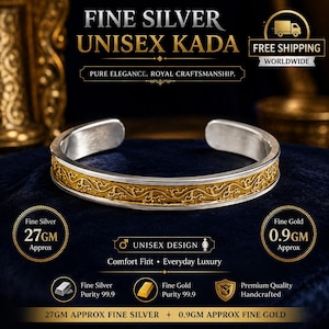 999 Silver Kada, Handmade Indian Bangle, 24K Gold Finish for Men and Women