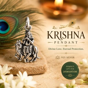 Könnte beinhalten: Ein silberner Krishna-Anhänger, der eine Figur zeigt, die Flöte spielt, während sie auf einem Tier reitet. Der Anhänger liegt auf einer Steinoberfläche mit dem Text "KRISHNA PENDANT" und "Divine Love. Eternal Protection."