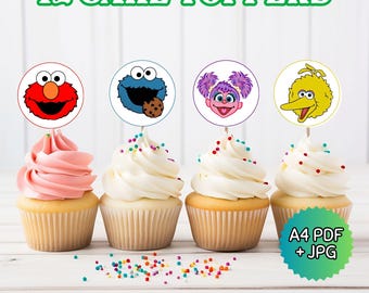 Sesame Street Cupcake Toppers Set | 12 Printable Birthday Cake Picks PDF JPG | Kids Party Favor Decor | Instant Download A4 Sheet
