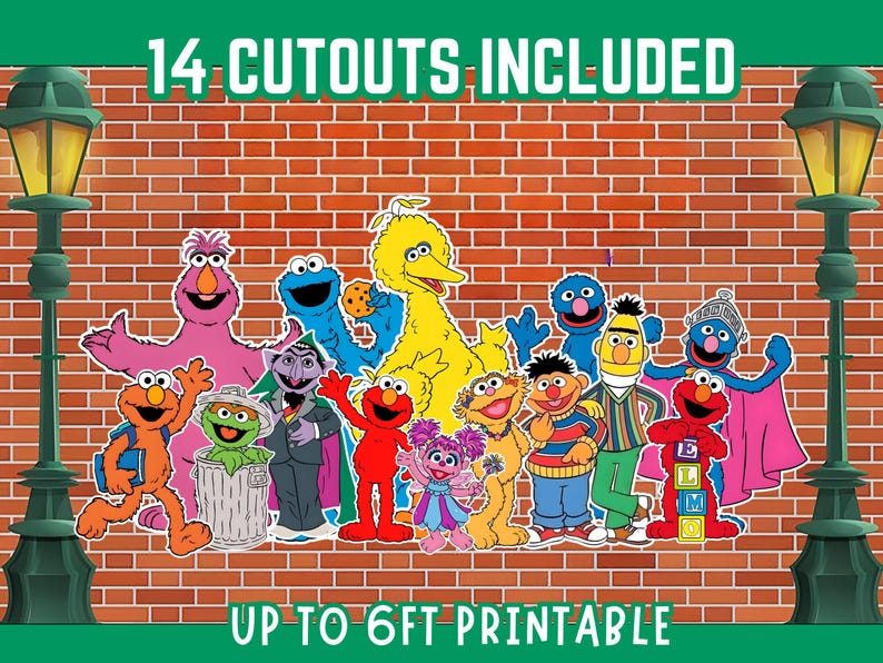 May include: Colorful cutouts of Sesame Street characters against a brick wall background. The image includes Elmo, Big Bird, Cookie Monster, and others. Text at the top reads "14 Cutouts Included" and at the bottom "Up to 6ft Printable".