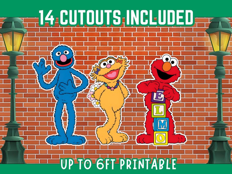 May include: Printable cutouts featuring three Sesame Street characters: Grover, Zoe, and Elmo. Grover is blue, Zoe is yellow, and Elmo is red, holding letter blocks. The image includes text that reads "14 Cutouts Included" and "Up to 6ft Printable".