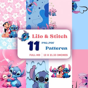May include: A collage of Lilo & Stitch-themed patterns in pink and blue. The image includes illustrations of Lilo, Stitch, and Angel. A central white rectangle displays the text "Lilo & Stitch," "11 Patterns," and dimensions of 12 x 21.33 inches.