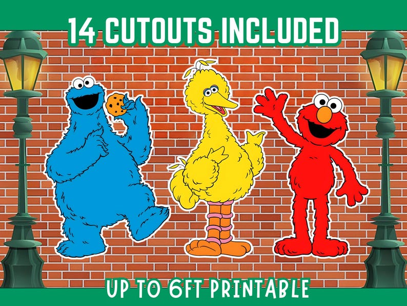 May include: Cutouts of Cookie Monster, Big Bird, and Elmo against a brick wall background. Cookie Monster holds a cookie, Big Bird stands, and Elmo waves. Text reads "14 Cutouts Included" and "Up to 6ft Printable".