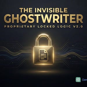 Könnte beinhalten: Goldfarbene Grafik mit dem Text "THE INVISIBLE GHOSTWRITER" und "PROPRIETARY LOCKED LOGIC V2.0". Ein goldenes Vorhängeschloss-Symbol mit einem Dokument im Inneren ist zentriert. Der Hintergrund ist dunkel mit goldenen Akzenten und einem "VERIFIED"-Siegel.