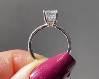 Emerald Cut Moissanite Engagement Ring, Hidden Halo Trellis Prong Pave Setting, Anniversary Gift For Wife, Vintage Ring Designs, Art Deco