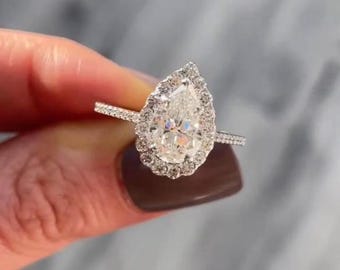 1.50 CT Pear Cut Solitaire Engagement Ring, Vintage Halo Pave Prong Setting With Shank Cathedral, Birthday Gift For Wife, Unique Ring Design