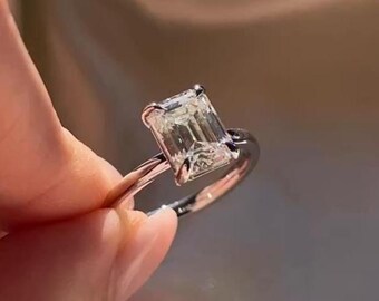 2.50 CT Emerald Cut Moissanite Engagement Ring, 14k Solid White Gold Plain Band, Prong Setting With Straight Shank, Birthday Gift For Sister