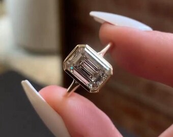 Emerald Cut Solitaire Engagement Ring, Bezel Prong Setting With Shank Cathedral, Anniversary Gift For Wife, Dainty Ring, Gift For Bride