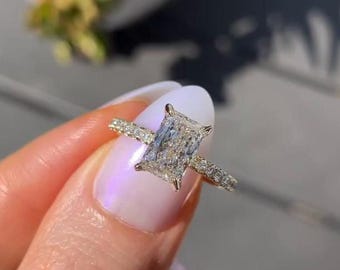 Radiant Cut Solitaire Engagement Ring, Hidden Halo Pave Prong Setting, Wedding Gift For Bride, Straight Shank, Vintage Designs, Art Deco