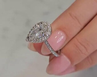 Pear Cut Moissanite Engagement Ring, Hidden Halo Solitaire Pave Eternity With Prong Setting And Straight Shank, Anniversary Gift For Wife