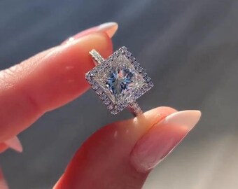 Princess Cut Solitaire Engagement Ring, Halo Pave Prong Setting With Straight Shank, Anniversary Gift For Wife, Art Deco, 14k White Gold