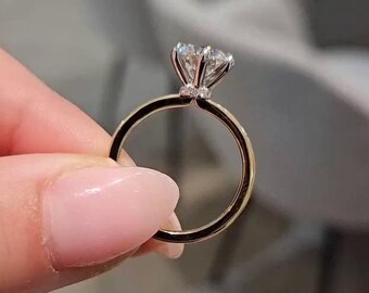 Round Cut Hidden Halo Solitaire Engagement Ring, Plain Gold Band Prong Setting, Straight Shank, Anniversary Gift For Wife, Vintage Designs