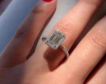 Emerald Cut Moissanite Engagement Ring, Halo Pave Eternity With Straight Shank, Anniversary Gift For Wife, Art Deco, Vintage Ring Design