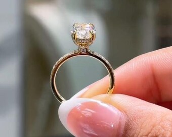 2 CT Oval Cut Hidden Halo Peekaboo Solitaire Engagement Ring, Pave Prong Bezel Setting With Straight Shank, Birthday Gift For Wife, Art Deco