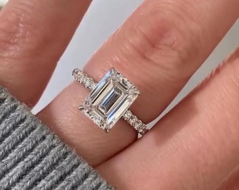 Emerald Cut Moissanite Engagement Ring, Pave Eternity Setting, unique Ring Designs,  Anniversary Gift For Girlfriend, Art Deco Diamond