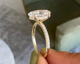 4 CT Oval Cut Solitaire Engagement Ring, 14k Yellow Gold Band, Hidden Halo Pave Prong Eternity With Straight Shank, Anniversary Gift For Her