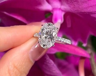 Double Hidden Halo Oval Cut Moissanite Engagement Ring, Cathedral Pave Prong Setting With Straight Shank, Anniversary Gift For Wife Or Mom