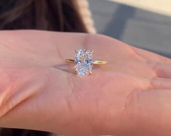 14k Solid Yellow Gold Elongated Cushion Cut Moissanite Engagement Ring, Solitaire Plain Band With Prong Setting, Anniversary Gift For Wife