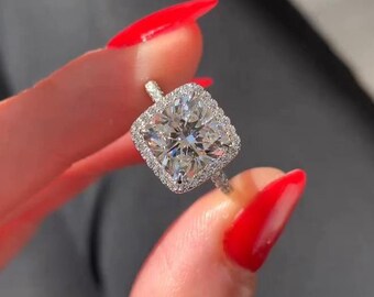 Vintage Cushion Cut Halo Half Eternity Engagement Ring, Pave Prong Setting With Straight Shank, Anniversary Gift For Wife, 14k White Gold