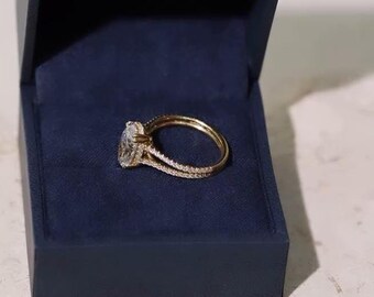 Oval Cut Hidden Halo Moissanite Engagement Ring, Split Shank Band With Pave Prong Setting, Anniversary Gift For Girlfriend, Art Deco Design