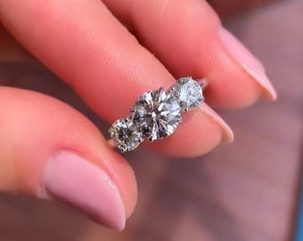 2 CT Three Stone Round Cut Moissanite Engagement Ring, Trilogy Diamond Set With Shank Cathedral, Anniversary Gift For Wife, Prong Setting