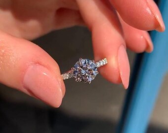 Round Cut Moissanite Engagement Ring, Side Stone Accents 6 Prong Diamond Set, Anniversary Gift For Wife, Art Deco Design, Straight Shank