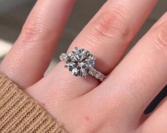 3 CT Round Cut Moissanite Engagement Ring, Thick Pave Eternity Band, Prong Pave Setting, Anniversary Gift For Wife, Art Deco Ring Designs