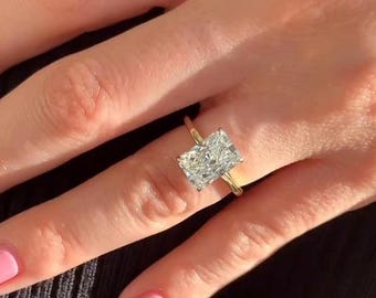 2.50 CT Radiant Cut Moissanite Engagement Ring, Hidden Halo Solitaire Plain Gold Band With Prong Setting And Straight Shank, Birthday Gift