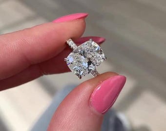 Elongated Cushion Cut Engagement Ring, Hidden Pave Bridge Diamond, Pave Eternity Prong Setting, Anniversary Gift For Wife, Art Deco