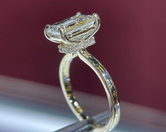 2.50 CT Antique Emerald Cut Moissanite Engagement Ring, Hidden Halo Solitaire Pave Prong Setting With Straight Shank, Birthday Gift For Mom