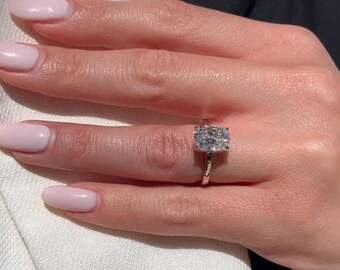 Elongated Cushion Cut Hidden Halo Solitaire Engagement Ring, Flat Gold Band With Pave Prong Setting, Anniversary Gift For Wife, Art Deco