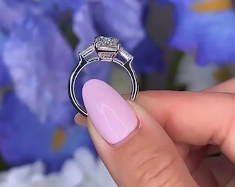 Three Stone Emerald Cut Engagement Ring, Trilogy Trio Set Cathedral, 14k White Gold Bridal Diamond Ring, Prong Setting, Unique Ring Design