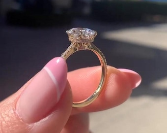 Oval Cut Double Hidden Halo Moissanite Engagement, Halo Pave Prong Setting, Anniversary Gift For Wife, Art Deco, Straight Shank Unique Ring