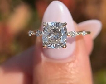 Elongated Cushion Cut Diamond Wedding Ring, Marquise Distance Pave Set, Birthday Gift, Solitaire Diamond, Ring For Women, Art Deco Design