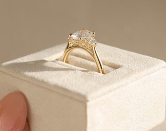 Elongated Cushion Cut Three Stone Moissanite Engagement Ring, Tulip Shank Cathedral And Prong Setting, Wedding Anniversary Gift For Wife