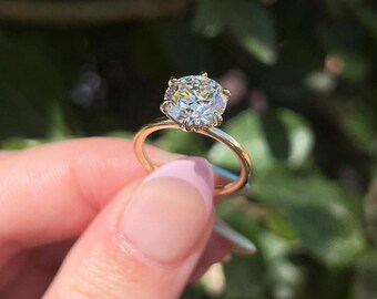 Round Cut Tulip Pave Prong Moissanite Engagement Ring, Solitaire Diamond, Anniversary Gift For Wife, Unique Ring Designs Art Deco Ring