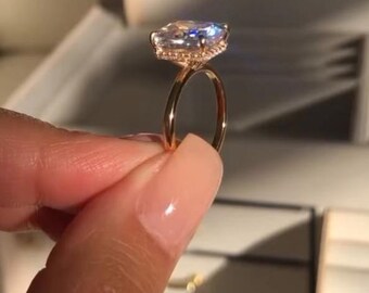 5 CT Radiant Cut Hidden Halo Solitaire Engagement Ring, Anniversary Ring For Wife, Birthday Gift, Pave Prong Setting, 14k Solid Yellow Gold