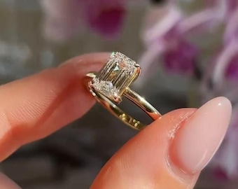2 CT Emerald Cut Moissanite Engagement Ring, 14k Solid Yellow Gold Plain Band, Prong Setting With Straight Shank, Anniversary Gift For Wife