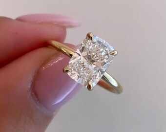 Elongated Cushion Cut Engagement Ring, Hidden Halo Solitaire Plain Gold Band, Anniversary Gift For Wife, Jewelry For Women, Birthday Gift